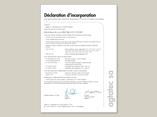 declaration d‘incorporation STA / TSA RED
